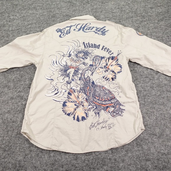 Ed Hardy Shirt Mens Large Beige Tattoo Graphic Love Kills Slowly Western Style - Picture 3 of 15